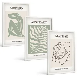 BILDER SET 3er Set - 40x60 cm Weißer Rahmen - Stilvolle grüne Gemälde mit Figuren
