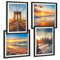 BILDER SET 4er Set - 50x50 cm & 40x60 cm Schwarzer Rahmen - Brücken, Sonnenuntergänge, Stadt