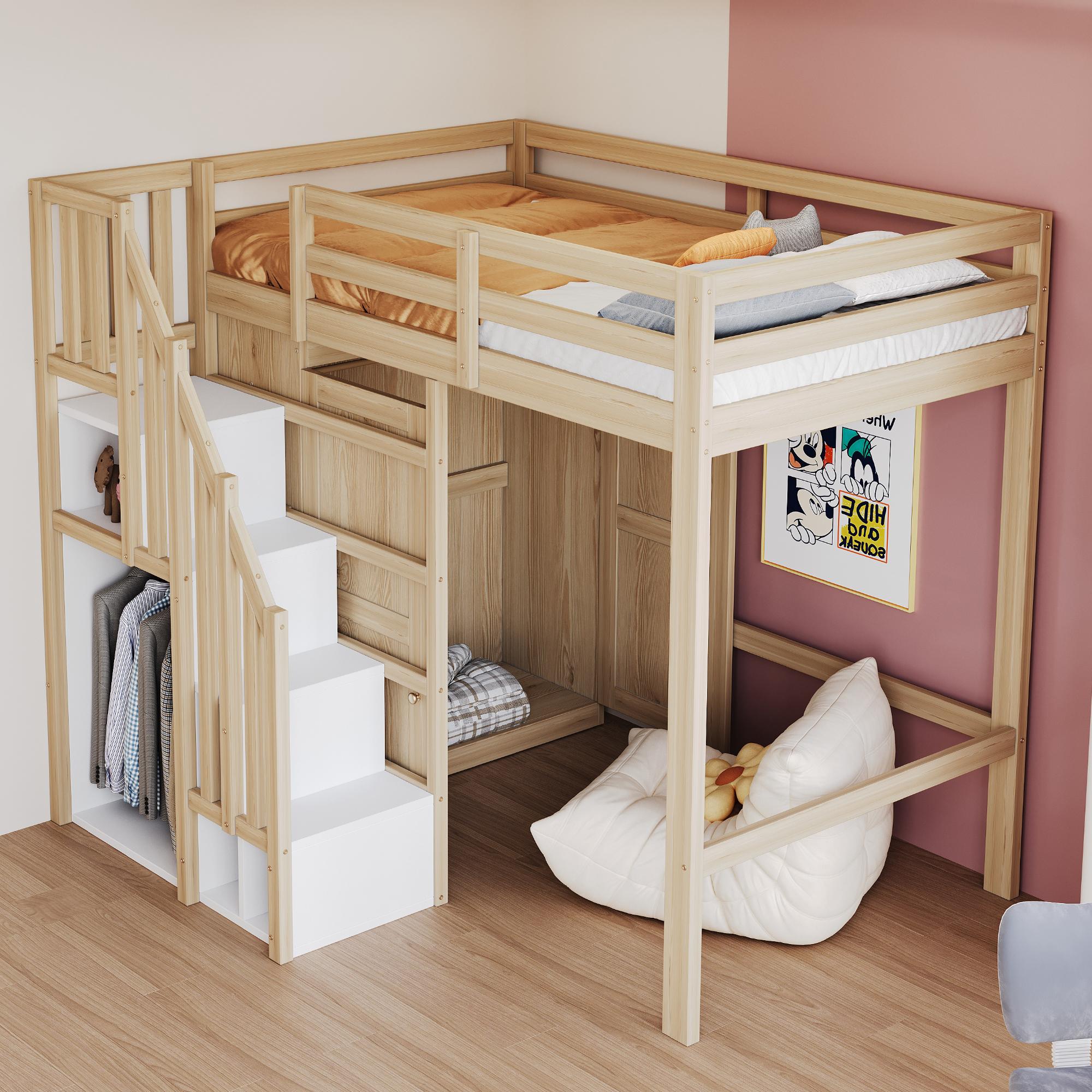 Merax Etagenbett 90x200cm mit Stauraumtreppe und Kleiderschrank, Hochbett mit Massivholzrahmen und individuell Raum, für Kinder & Jugendliche, Holz