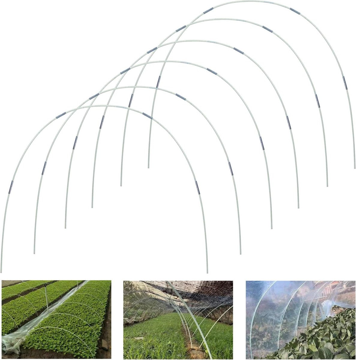 Set van 6 afneembare broeikas hoepels van glasvezel voor plantentunnels, wit