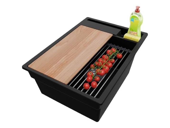 PRIMAGRAN Spülbecken ab 40er Unterschrank + Ablauf-Set, 38x53cm Set: Ablauf-Set (Siphon, Ablaufgarnitur, Überlauf) + Granitspüle 1 Becken - Oslo Pocket, Schwarz