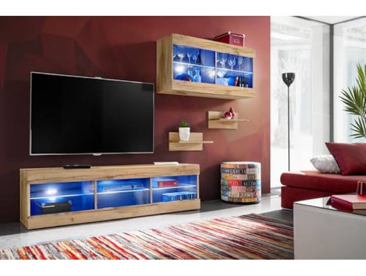 Komodee Wohnwand TV Tivoli SET3 A1 Wotan/Wotan 240x159x35 cm Set, Möbel, Tivoli SET3, Wotan/Wotan, Breite 240cm x Höhe 159cm x Tiefe 35cm, LED Blau, für Wohnzimmer