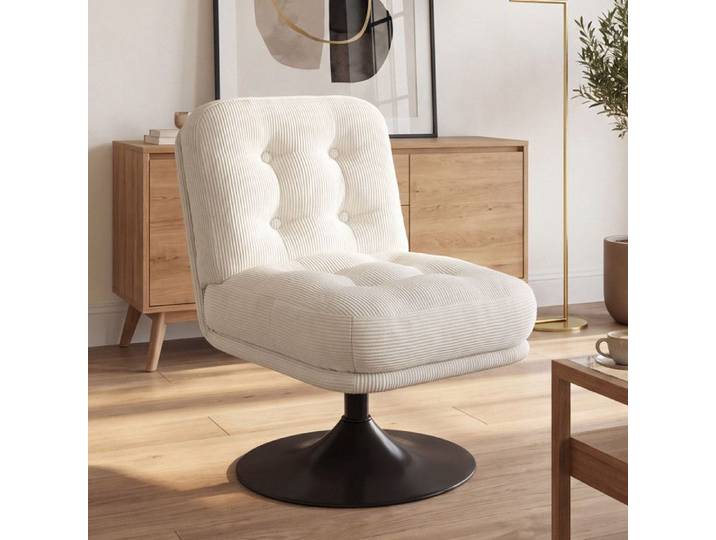 Fauteuil pivotant ALFRED en velours côtelé beige pied tulipe métal noir
