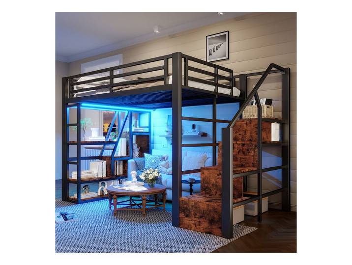 Flieks Hochbett Metallbett 140x200cm mit LED-Leiste, Regale, Treppe und Schutzgitter