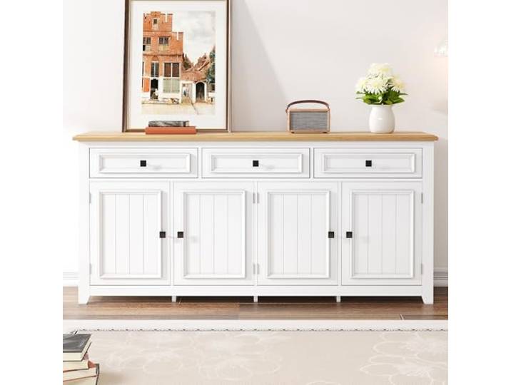 ModernLuxe Sideboard Buffet Kommode 160 cm Weiß mit Holzoptik, Moderne Anrichte mit 3 Schubladen & 4 Türen, großer Stauraum, Aufbewahrungsschrank Wohnzimmer Esszimmer Flur