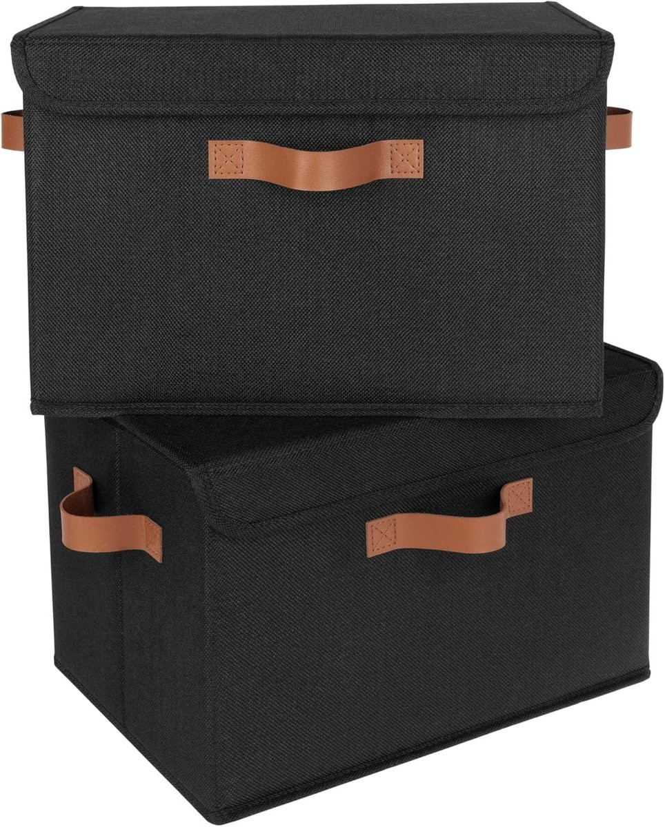 Set van 2 vouwbare opbergdozen met deksel voor kleding en accessoires, zwart