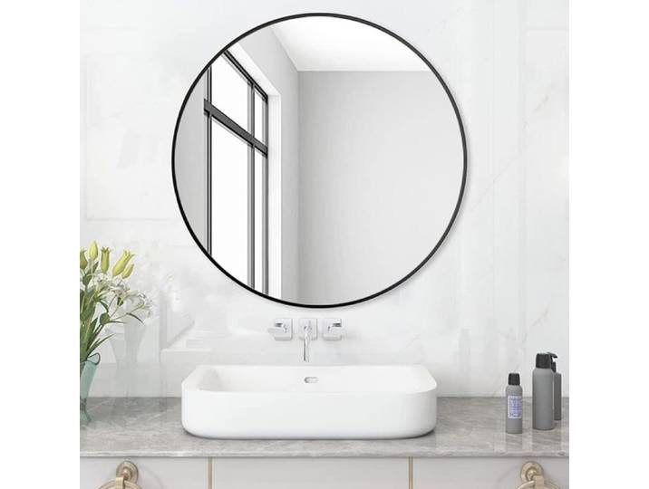 Miroir de salle de bain rond sans éclairage Noir 60 cm Miroir mural avec cadre en plastique noir Miroir rond décoratif bord noir