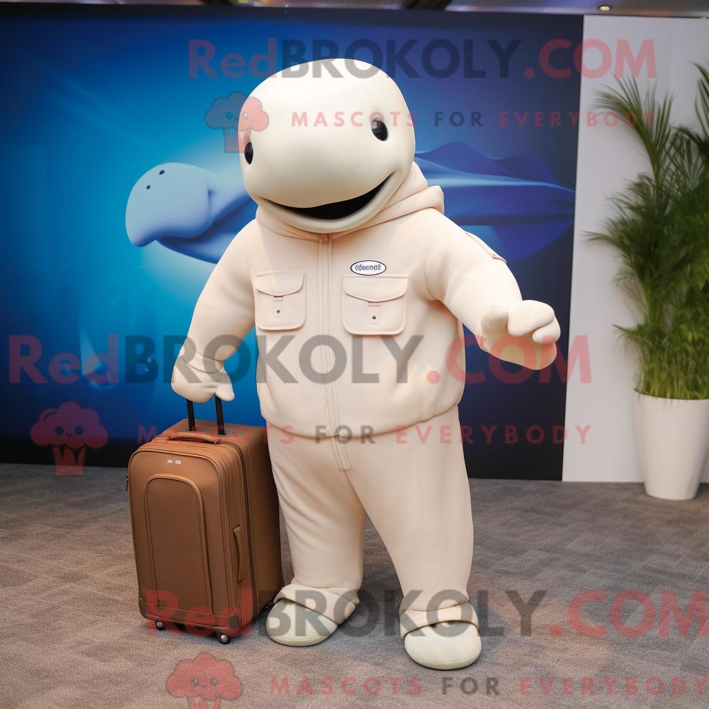 Maskottchen REDBROKOLY eines hellbraunen Beluga-Wals mit Overall und Aktentasche
