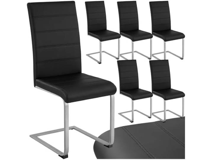 tectake Freischwinger Schwingstuhl, Stuhl 6er Set, Moderne Esszimmerstühle oder Küchenstühle mit strapazierfähigem Kunstleder Bezug - schwarz