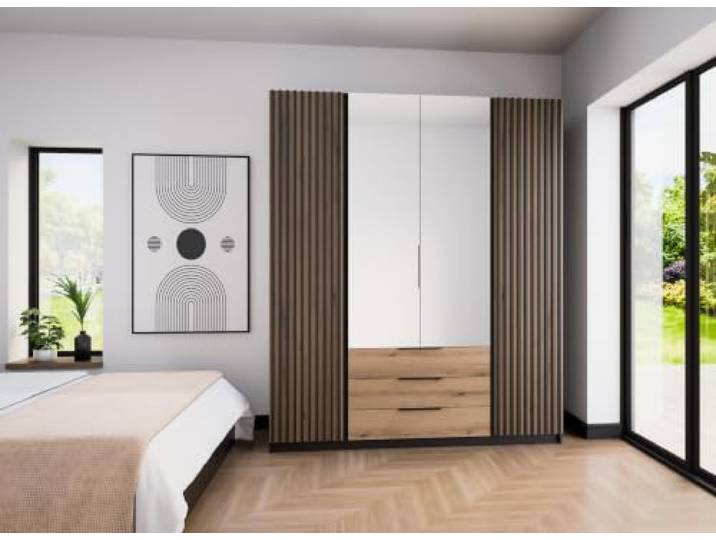 AX Living Nehir Schrank 200 cm Schwarz/Eiche Evoke, Lamellen/Spiegel + 3S 2 Lamellen außen; 2 Spiegel mittig; 3 Schubladen – clever organisiert.