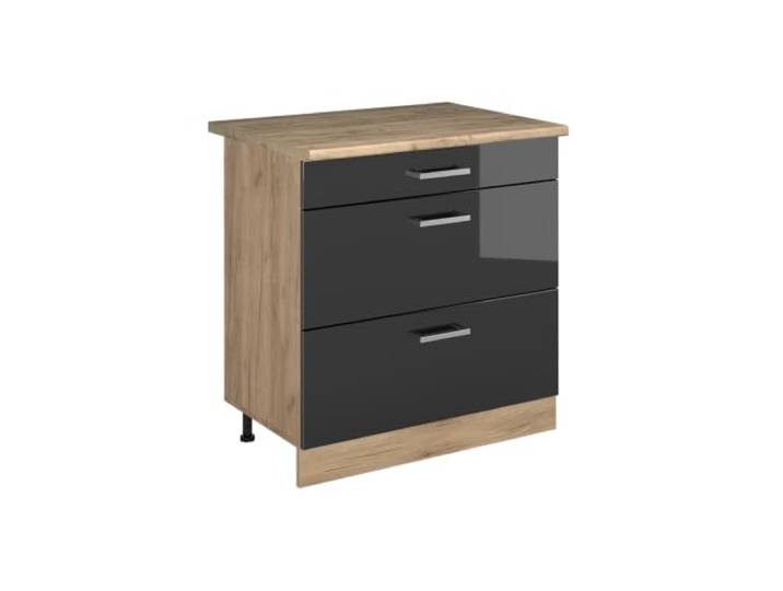 Vicco Küchenunterschrank R-Line, Anthrazit Hochglanz/Goldkraft Eiche 80 cm 3 Schubladen · Arbeitsplatte Eiche · Höhenverst. Füße · Leichter Zugriff · Frei kombinierbar