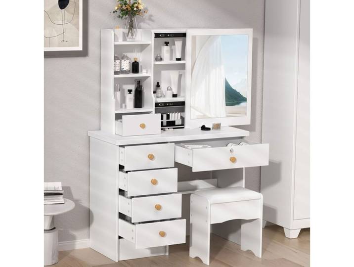 Coiffeuse avec Miroir et Tabouret - 6 Tiroirs 6 Étagères - Miroir coulissant - Tabouret coussiné - 80x37x122cm