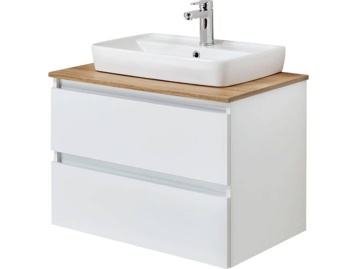 Waschtisch SAPHIR Quickset 360 Waschplatz mit Keramik-Aufsatzbecken, wandhängend , weiss (weiß glanz, weiß glanz), B:78cm H:64,2cm T:50cm, Holzwerkstoff, Keramik, Waschtische, Waschtisch, Waschtischplatte, 78 cm breit, Weiss Glanz, 2 Schubladen