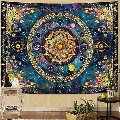 Himmlisches Sonnenmandala-Wandteppich, Tierkreiszeichen, Planeten, Mondphasen, Galaxie, Sternenhimmel, Boho-Zimmerdeko, große Stoffkulisse