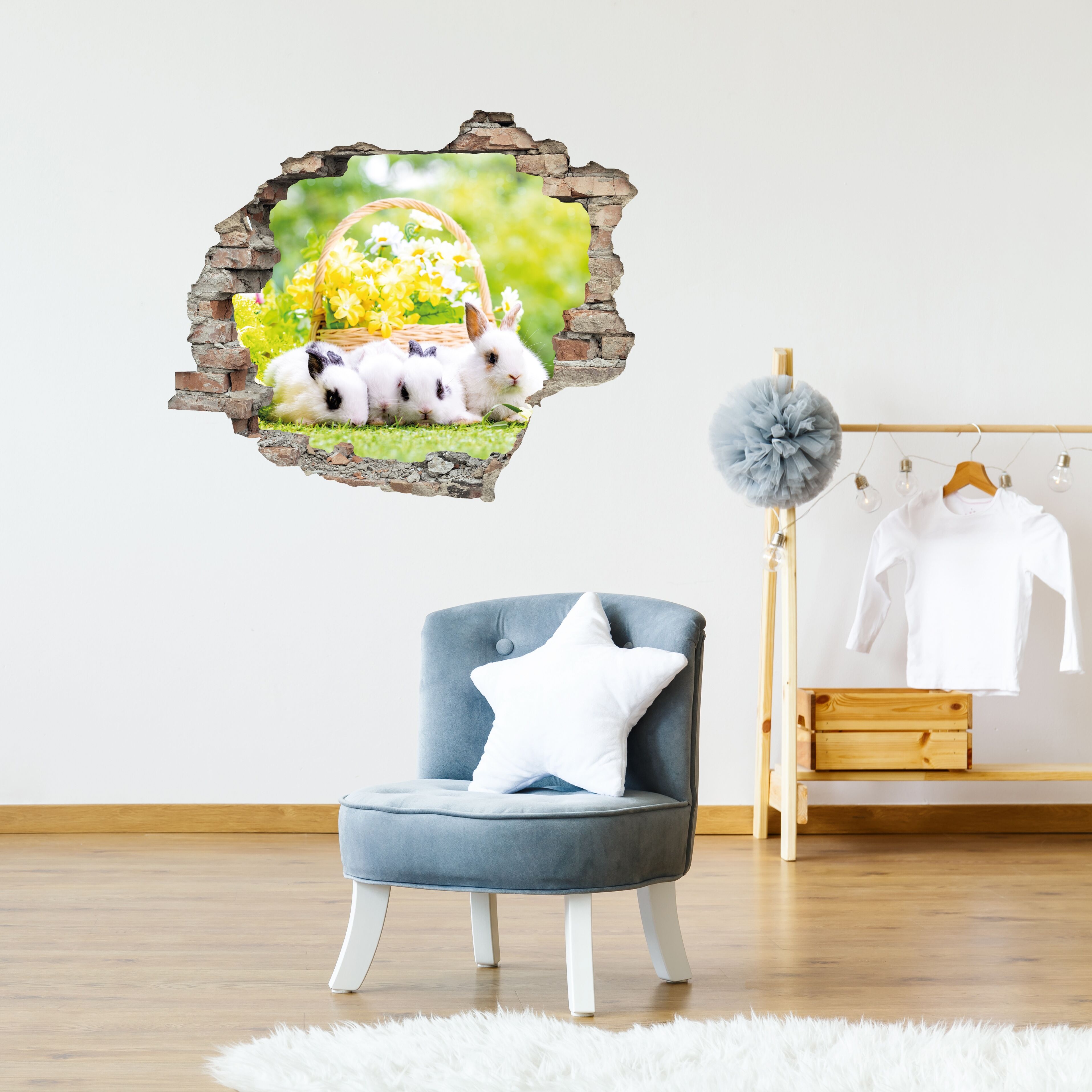 3D-Wandtattoo QUEENCE "Osterhasen mit Frühlingskorb", bunt, B:60cm H:50cm, Vinyl, Wandtattoos, 3D-Wandtattoo, Selbstklebender Wandsticker Ostern Wanddurchbruch 60x50cm bunt B/H/T: 60cm x 50cm, Blumen Grashalm Grashalme Kaninchen