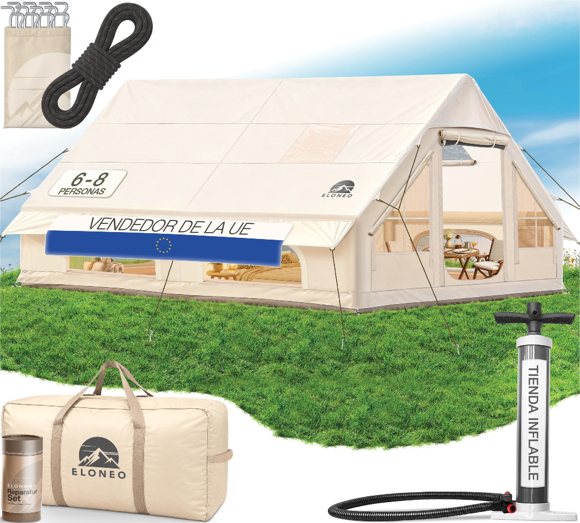 ELONEO Luftzelt Glamping Zelt aufblasbar Campingzelt Familienzelt ohne Gestänge Outdoor- und Festival Zelt, 6 - 8 Personen, Beige