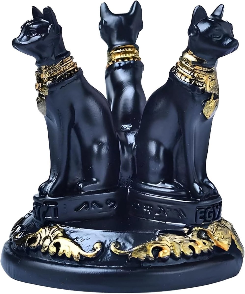 Bast Kattenbeeldje Decoratie - Bastet Standbeeld - Zwart met Goud Detail - Hoogte: 7 cm