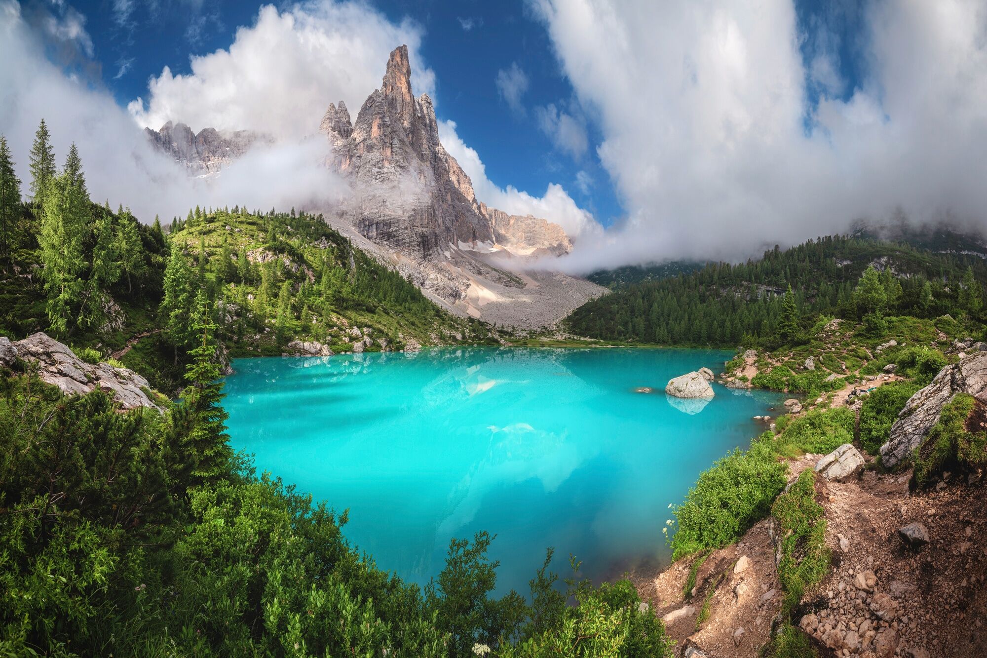 Fototapete PAPERMOON "Photo-Art JEAN CLAUDE CASTOR, VENETIEN - LAGO DI SORAPIS PANORAMA", bunt, B:3,5m L:2,6m, Vlies, Tapeten, Fototapete bunt B/L: 3,5m x 2,6m, Bahnen: 7 Stk.