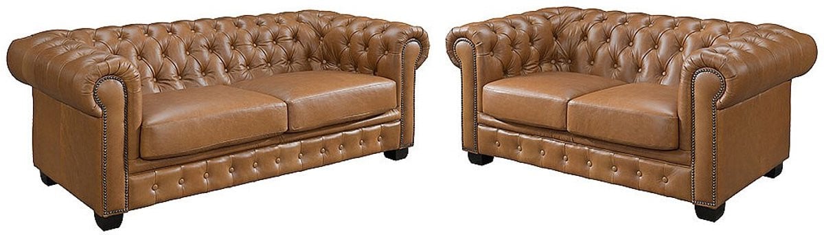 Vente-unique Brenton Chesterfield zitbank set 3 + 2 plaatsen van 100% buffelleer in vintage caramel/bruin