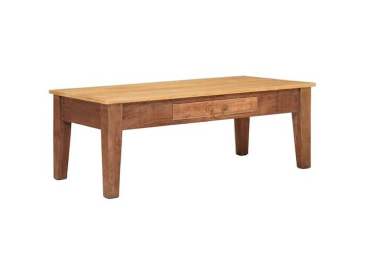 LKJephalotrop Couchtisch Massivholz Mango Braun 110x55x40 cm Rechteckiger Wohnzimmer Sofatisch aus dunklem Holz mit Schublade und kupferfarbenen Griffen für elegante Ordnung.