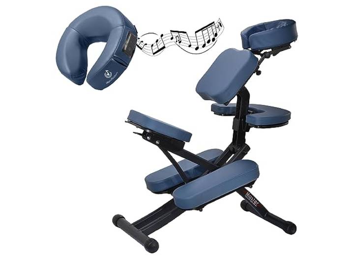 Master Massage Rio Profi Klappbar Mobil Massagestuhl Behandlungsstuhl aus Aluminium verstellbar leicht mit Musikkissen Bluetooth Transportkoffer Königsblau