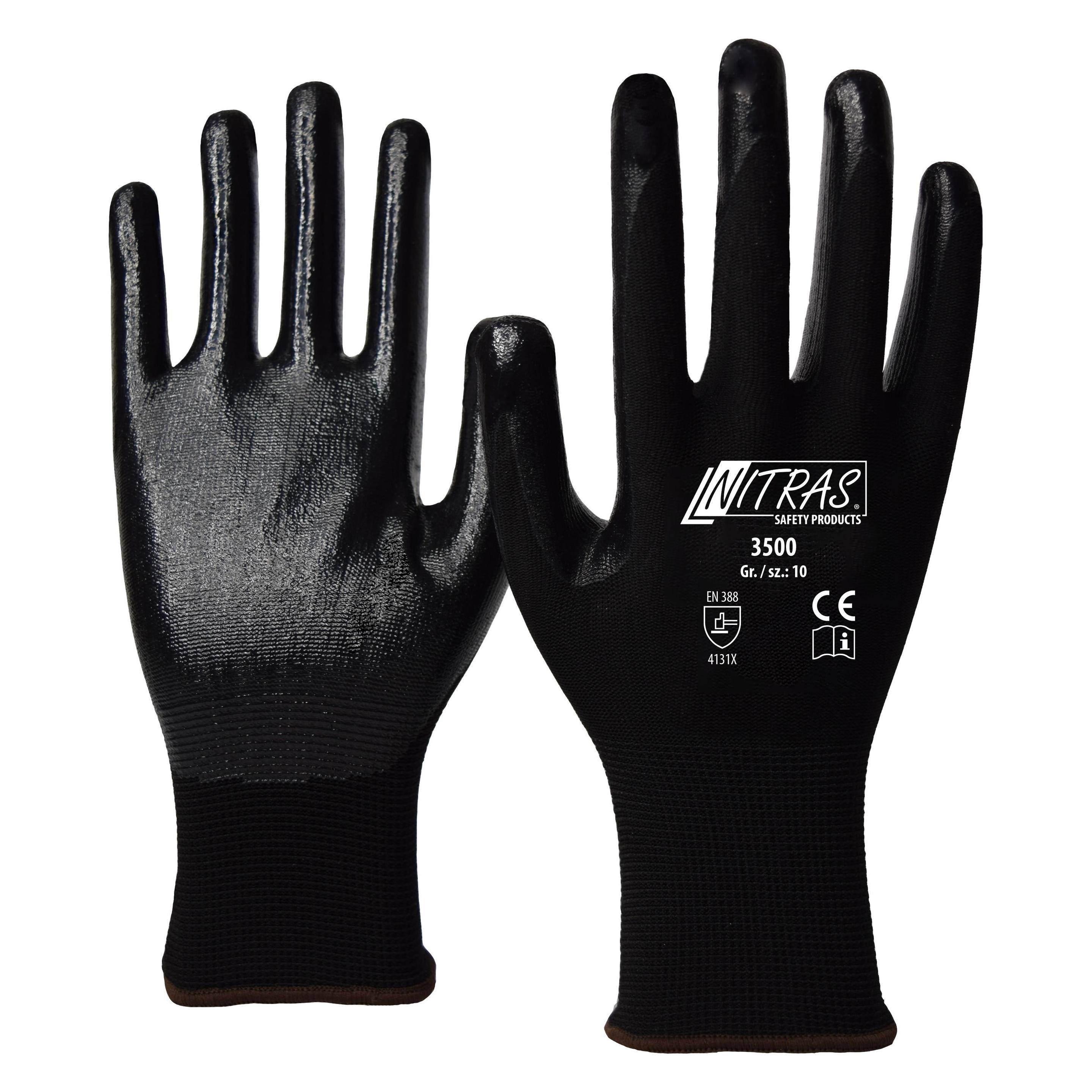 Nitras Nylonhandschuhe, schwarz, Nitril-Beschichtung, schwarz (Farbcode: 1000), teilbeschichtet auf (10, 11, 6, 7, 8, 9) (3500-10)