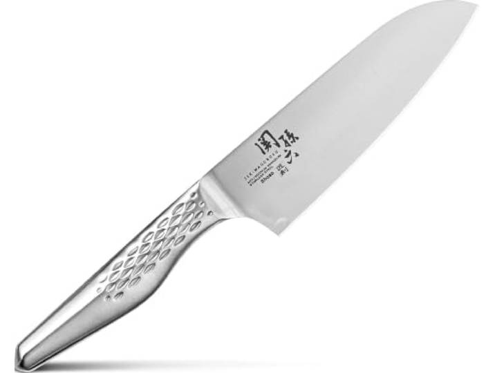 KAI Seki Magoroku Shoso Santoku klein 14,0 cm Klingenlänge - 5CR15MoV Edelstahl 56 (±1) HRC - konvexer Anschliff - 18-8 Edelstahl Griff mit Rautenmuster - japanisches Kochmesser - Made in Japan