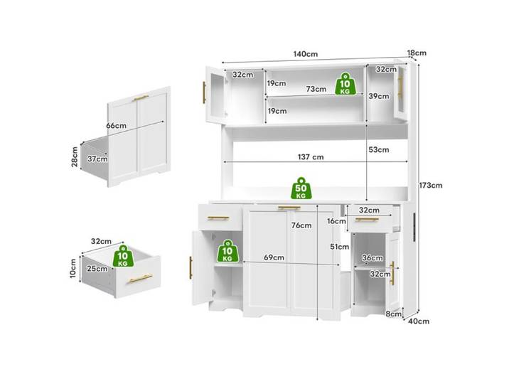 Buffet de Cuisine Haut avec plan de travail tiroirs et poubelle cachée - LPOSPI - LED RGB prise intégrée MDF blanc