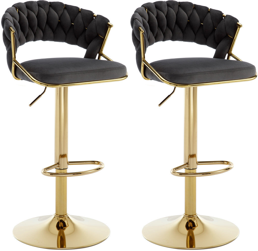 KHISCHMO Adjustable Velvet Gold Bar Stools with Woven Open Back for Kitchen Island Dark Grey 44cm W X 39cm D