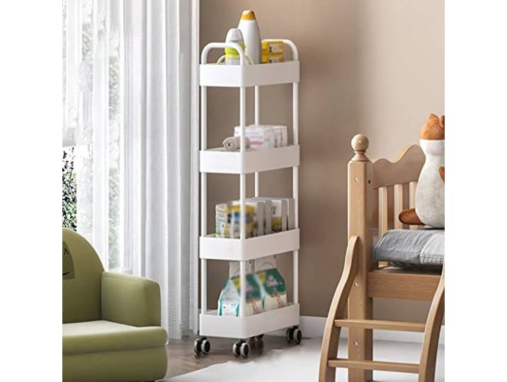 ROHCGHC Rollwagen, Kunststoff ausziehbarer Wagen Bad Waschküche Küche schmale Räume(/White,4 Tier)