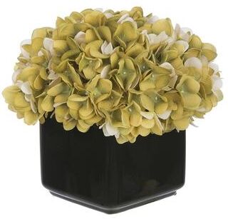 House of Silk Flowers Faux Hydrangea in Small Black Cube Ceramic Vase