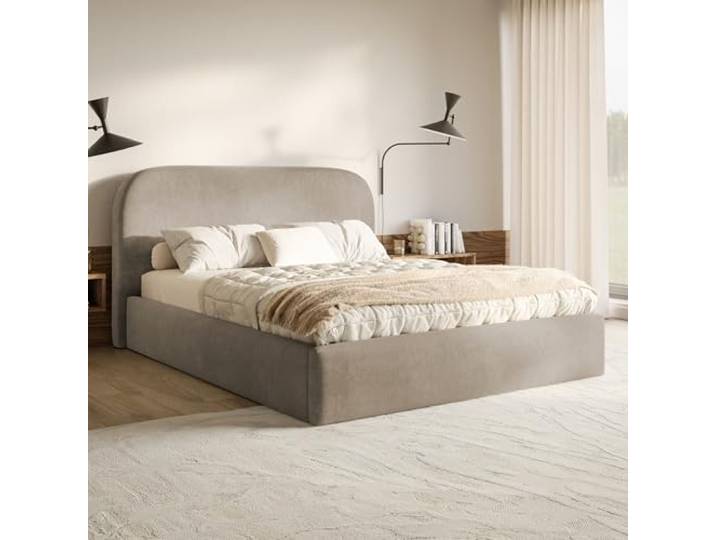 MOTIVENA Mono Bett 160x200 Beige Samt, mit Stauraum, mit Kopfteil, mit Lattenrost, ohne Füße, ohne Matratze, Polsterbett 160x200 mit Bettkasten Beige