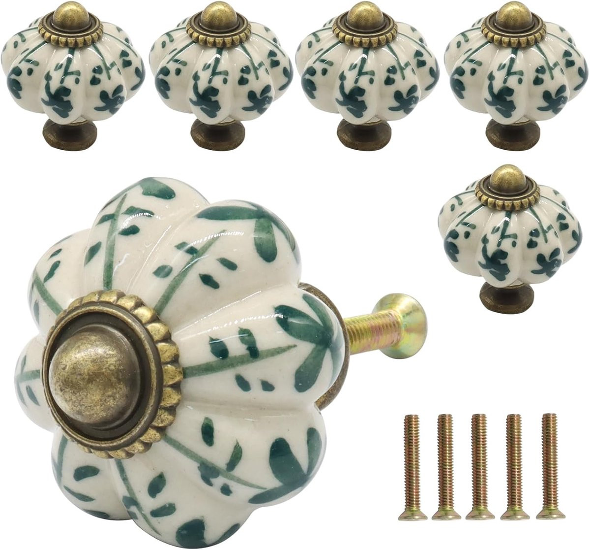 Ivoren pompoenvormige keramische kastknoppen - 6 stuks - Vintage stijl