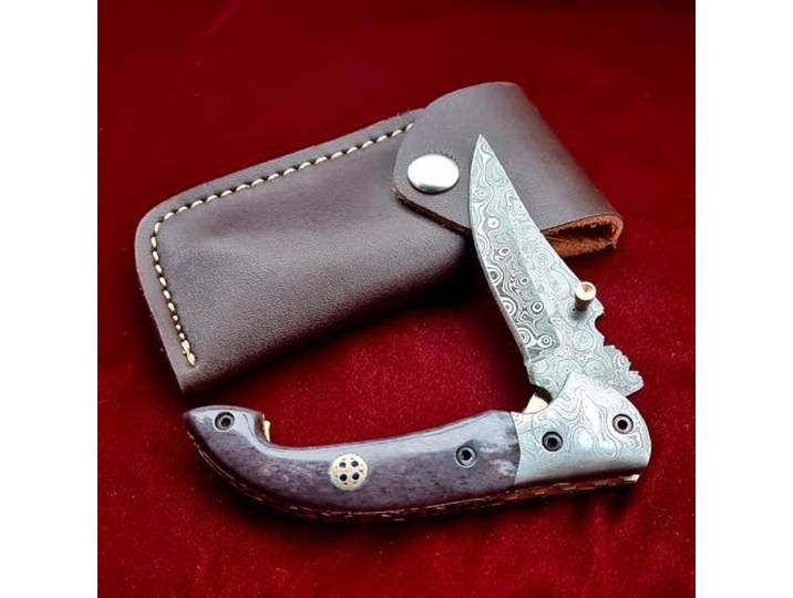 CRAFTOMATIK Damast Stahl Taschenmesser Klappmesser Kamelknochen, Damast Stahl, Messing, Mosaik Stift Griff Handgefertigt Outdoor Damastmesser Camping Messer FK42