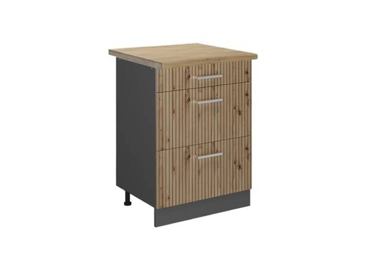 Vicco Küchenunterschrank R-Line, Artisan-Eiche, 60 cm 3 Schubladen · Arbeitsplatte Eiche · Höhenverst. Füße · Leichter Zugriff · Frei kombinierbar