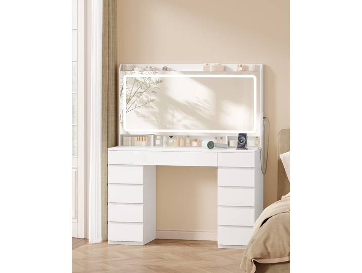Grande coiffeuse avec grand miroir HD, coiffeuse avec éclairage LED, 3 couleurs, luminosité réglable, pour chambre à coucher, blanc