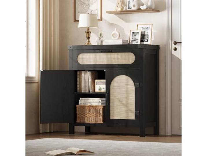 GarveeMore Rattan Sideboard Mit Schublade & Verstellbaren Regalböden, Moderner Vielseitig Aufbewahrungsschrank Für Flur Wohnzimmer Küche Esszimmer – Boho Möbelstück Buffet, 76×35×H84, Schwarz