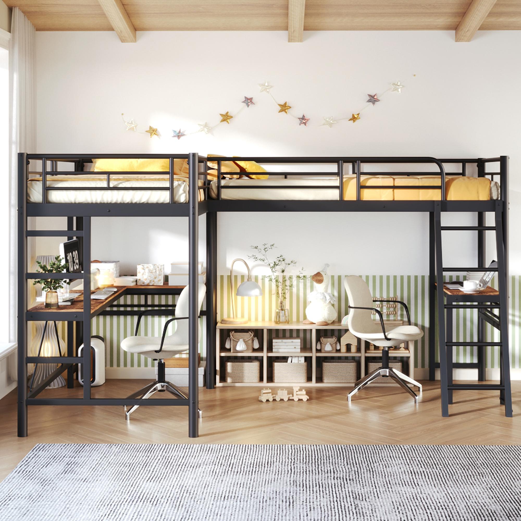 okwish Hochbett 90*200cm, zwei Etagenbetten mit Tisch unter dem Bett, Doppeltreppe, hohes Geländer, ohne Matratze- schwarz