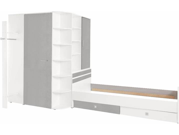 Jugendzimmer-Set WIMEX Joker Kleiderschrank mit Garderobe, Bett und Stauraumschubladen , grau (weiß, betonfarben lichtgrau), Schlafzimmermöbel-Sets, Jugendzimmer-Set