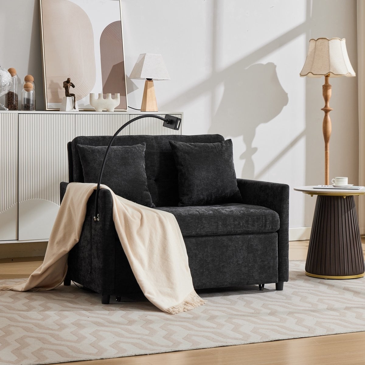 Zwarte fauteuil slaapbank met linnenlook, USB-aansluiting en tablet houder