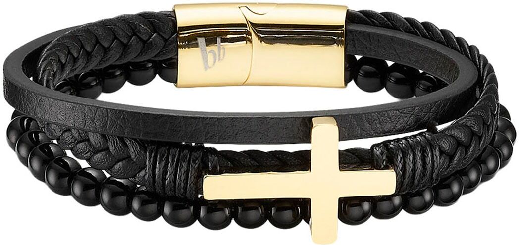 Lederarmband BRUNO BANANI "Schmuck", schwarz (gelbgoldfarben, schwarz, schwarz), Armbänder, Damen, 21cm, Edelstahl Leder, Edelstahl, Leder, Lederarmband, mit Achat gelbgoldfarben, schwarz, schwarz 21cm, Edelstahl Leder