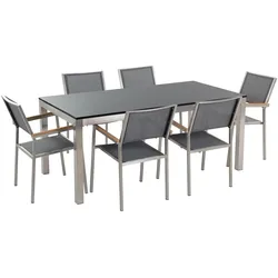 GARTENMÖBEL SET 6-Sitzer Naturstein schwarz poliert Textilbespannung grau Grosseto