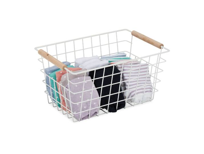 3x Paniers Fil Métal\, Poignées Bois\, Rectangulaire\, Design Quadrillé\, Vêtements\, Accessoires\, Hxlxp: 16x31x21 Cm\, Blanc