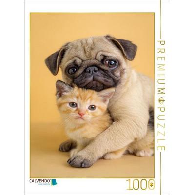 CALVENDO Puzzle Mopswelpe umarmt Kätzchen - Tierische Freundschaft voller Liebe | 1000 Teile Lege-Größe 64x48cm Foto-Puzzle für glückliche Stunden,