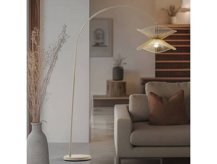 Bogenlampe Valdorin Lindby, creme / amber, für Wohn- / Esszimmer, Papier / Lunolit / Lunopal, Landhaus / Rustikal, Stehlampe