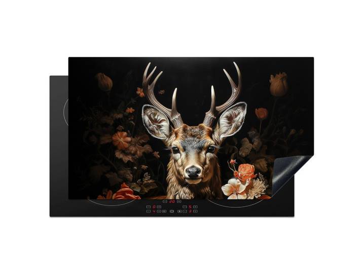HERDABDECKPLATTE Hirsch - Tier - Blumen - Natur - Botanisch Induktionsschutz 89.6x51.6 cm