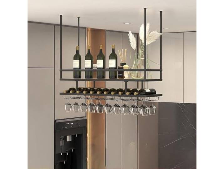 OOPDNEGAK Decken-Weinregal-Präsentationsständer – Eisen-Massivholz-Weinregal, Wandmontiertes Lagerregal, Schwebendes Deckenregal/Pflanzenständer/Präsentationsständer(100 * 30 * 80cm)