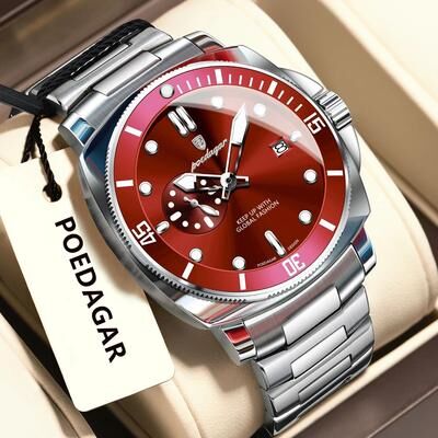 Inspire Select POEDAGAR Luxury Waterproof Men's Quartz Watch With Luminous Date & Dual Time silver Red