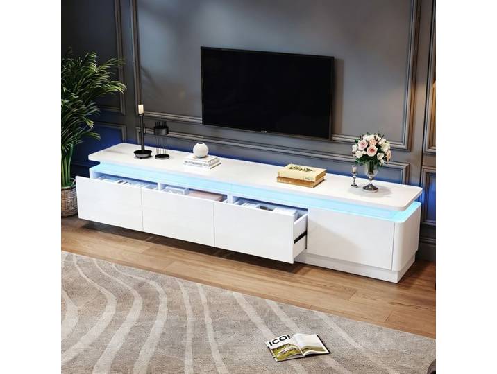 Meuble TV de 180 cm avec éclairage LED 4 tiroirs et Haute brillante meuble bas pour téléviseur de 75  blanc meuble TV pour salon