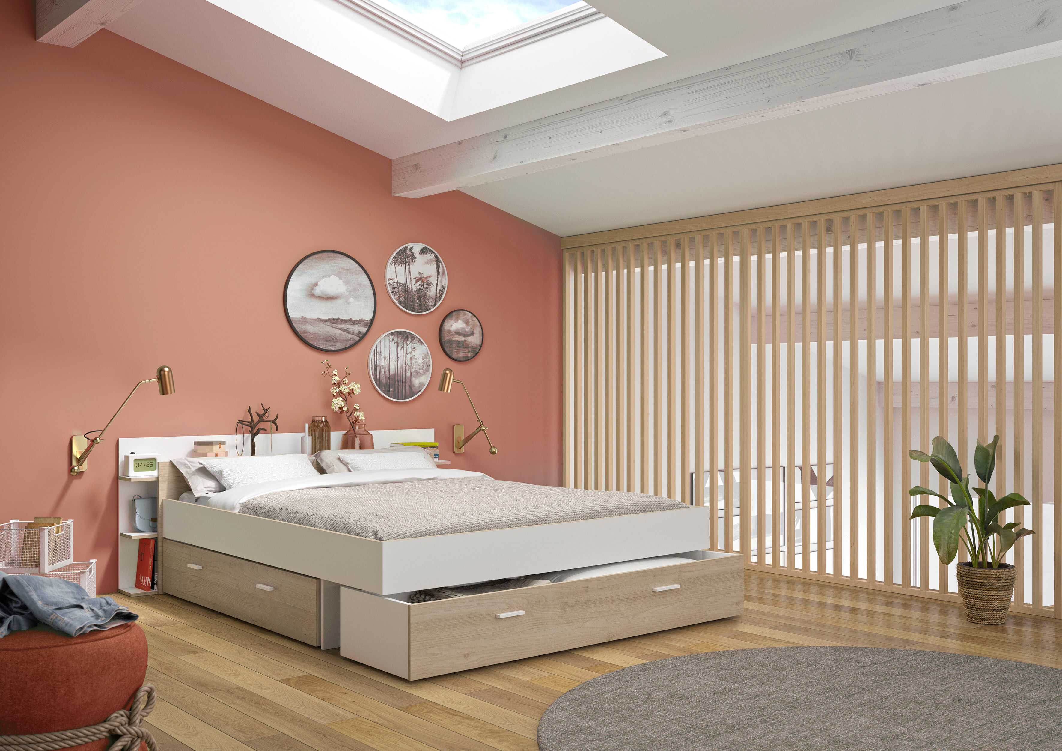 Stauraumbett GAMI "Stauraumbett 160 X 200", beige (kastanie natur nachbildung, weiß, kastanie natur nachbildung, weiß, kastanie natur nachbildung, weiß), B:191cm H:71cm L:221cm, Betten, Stauraumbett, Mit viel Stauraum kastanie natur nachbildung, weiß, kas
